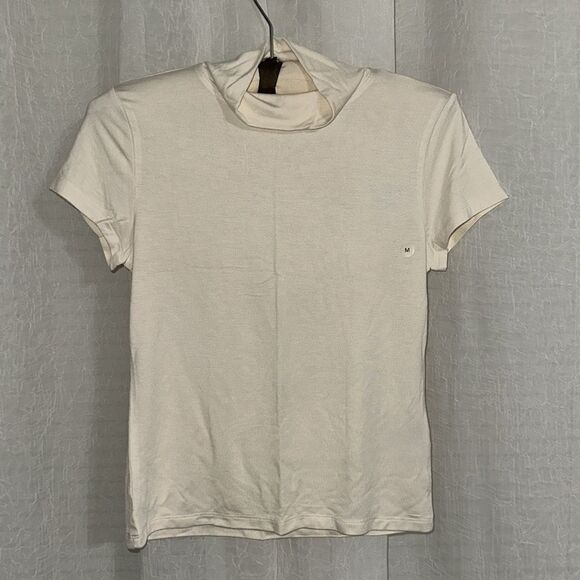 AE M Cream Cropped Soft & Sexy Mock Neck Short Sleeve Jersey T-Shirt - Picture 7 of 13